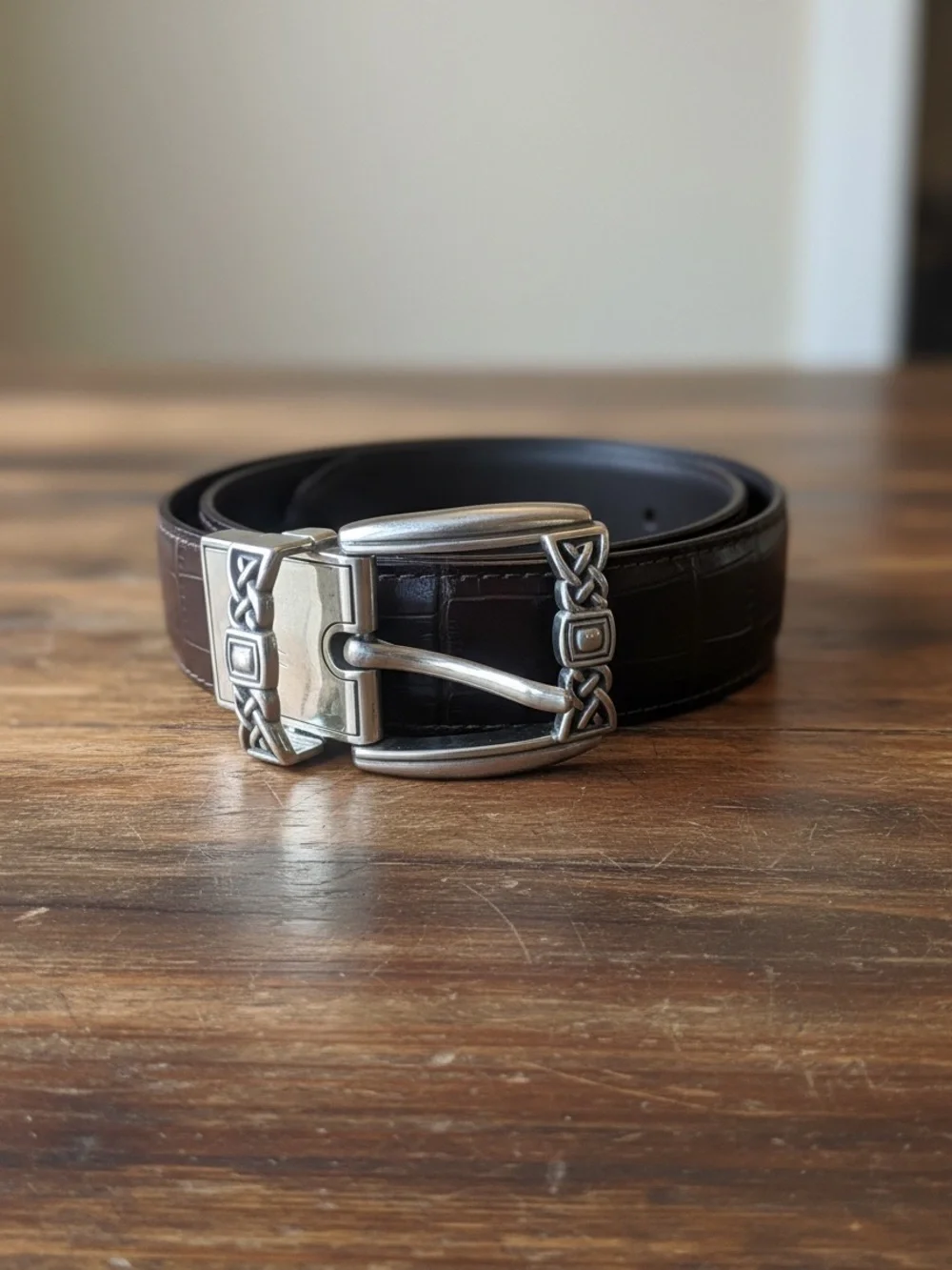 Brighton Dark Brown Croc Embossed Leather Belt with Decorative Silver Buckle